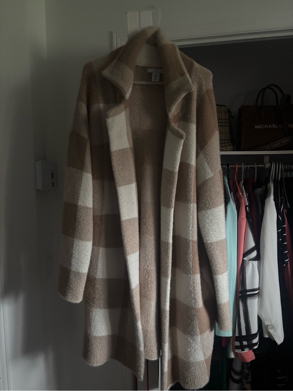 Source Unknown Plaid Open-Front Long Cardigan - Cream & Tan